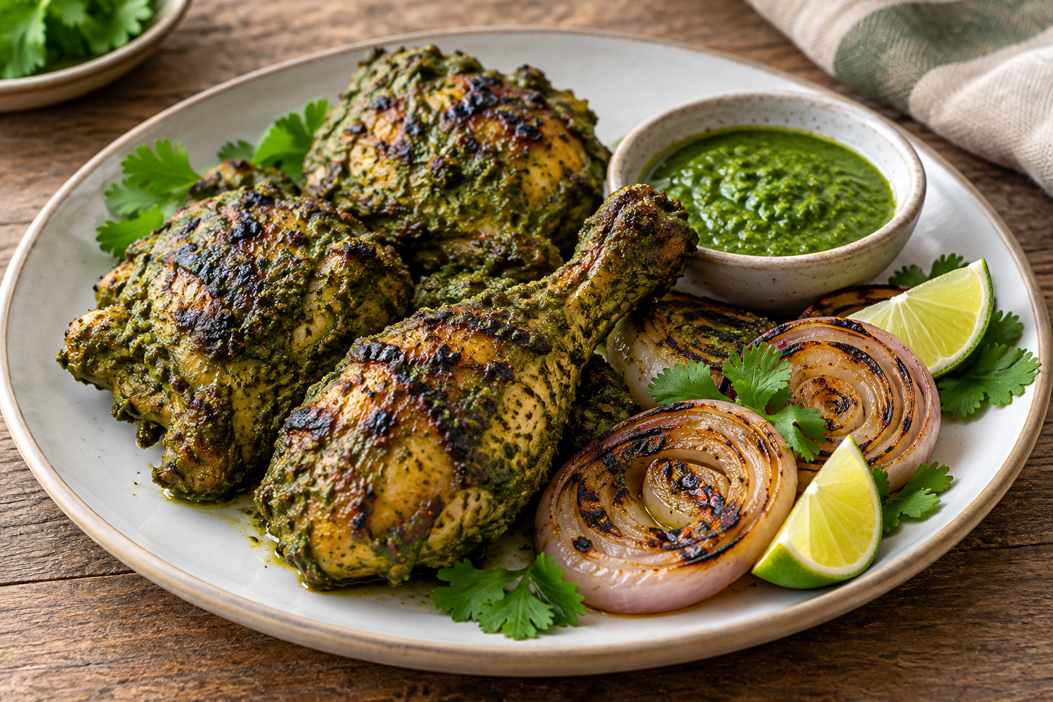 Goan cafreal chicken with green herb sauce and lime