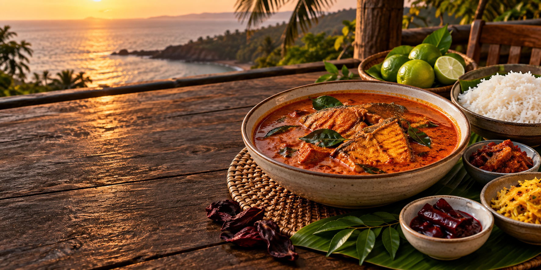 Goan fish curry and rice on a coastal table